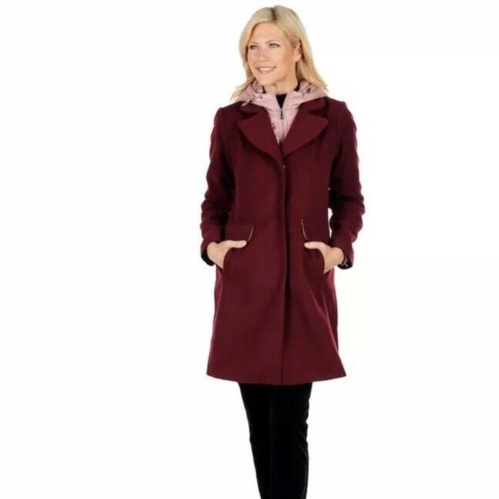 Izaac Mizrahi Windowpane Merlot Coat w/ Nylon Vest